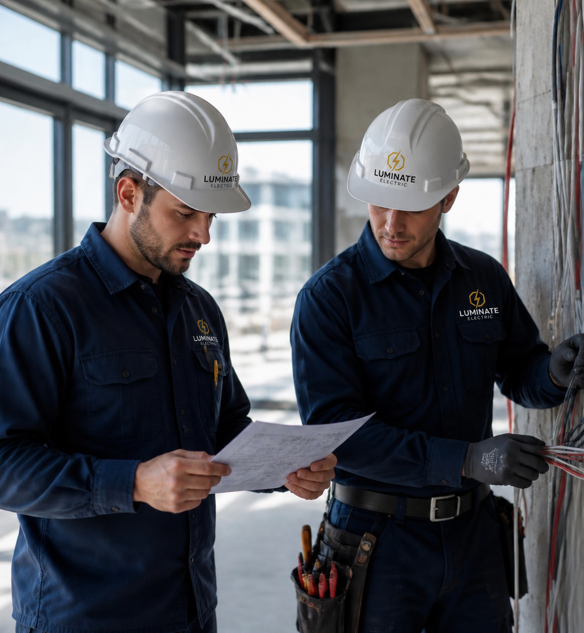Two Luminate Electric electricians reviewing plans inside a commercial building
