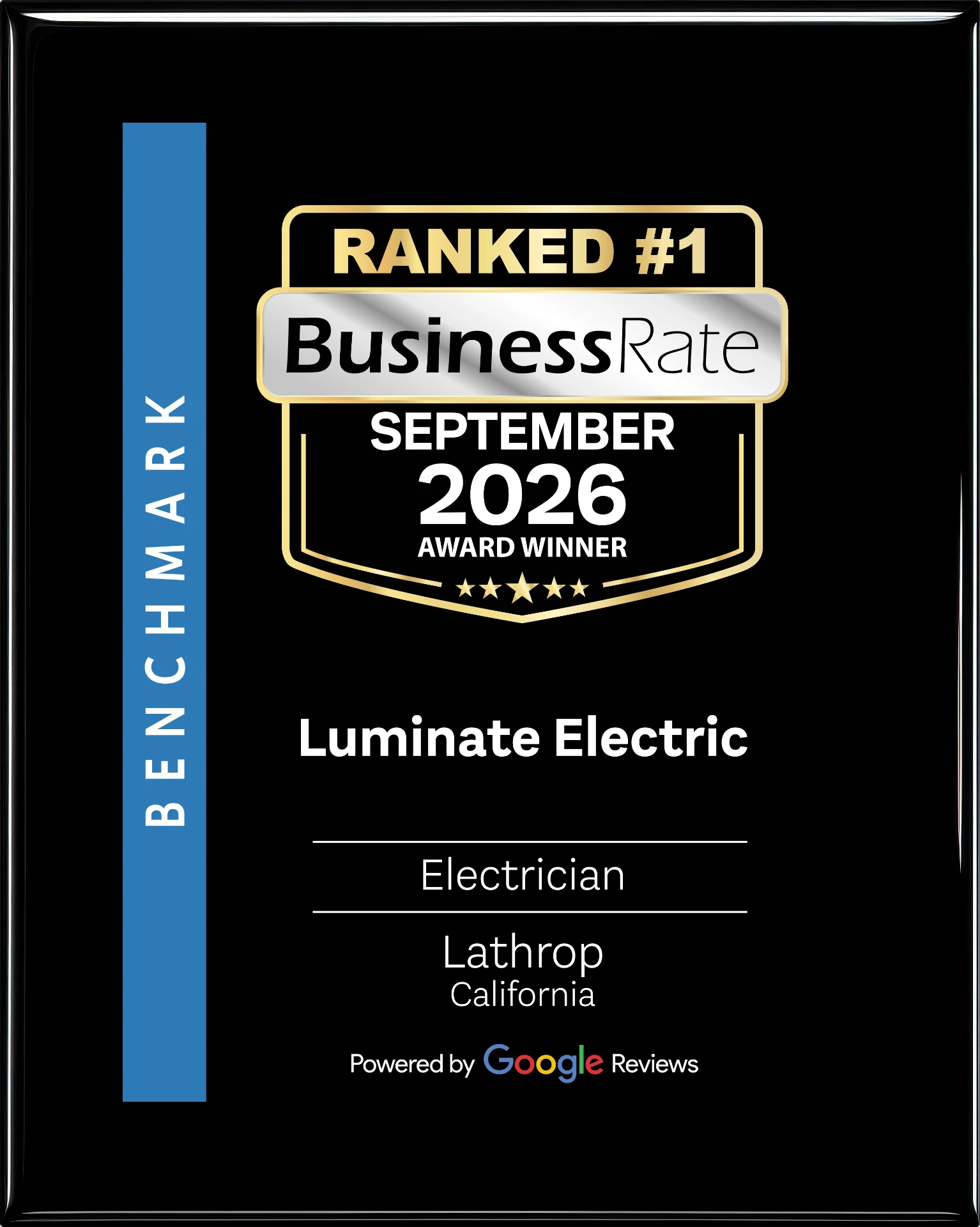 Luminate Electric — Ranked #1 BusinessRate September 2026 Award Winner, Electrician, Lathrop California