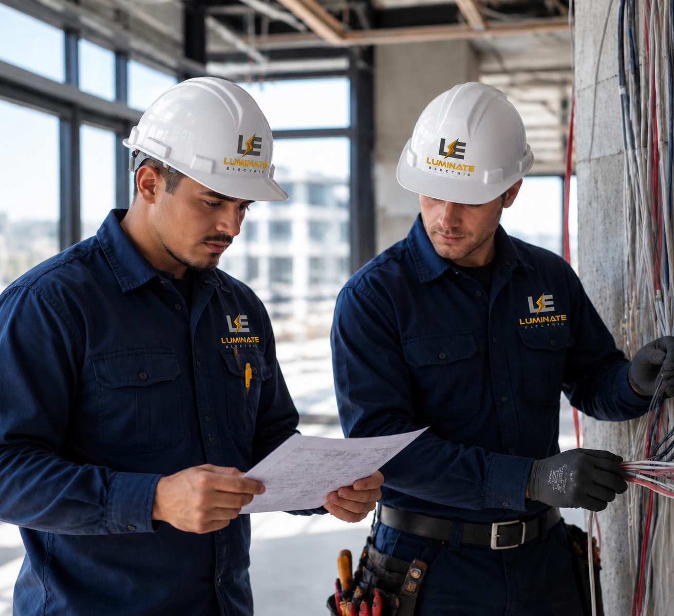 Two Luminate Electric electricians reviewing plans inside a commercial building