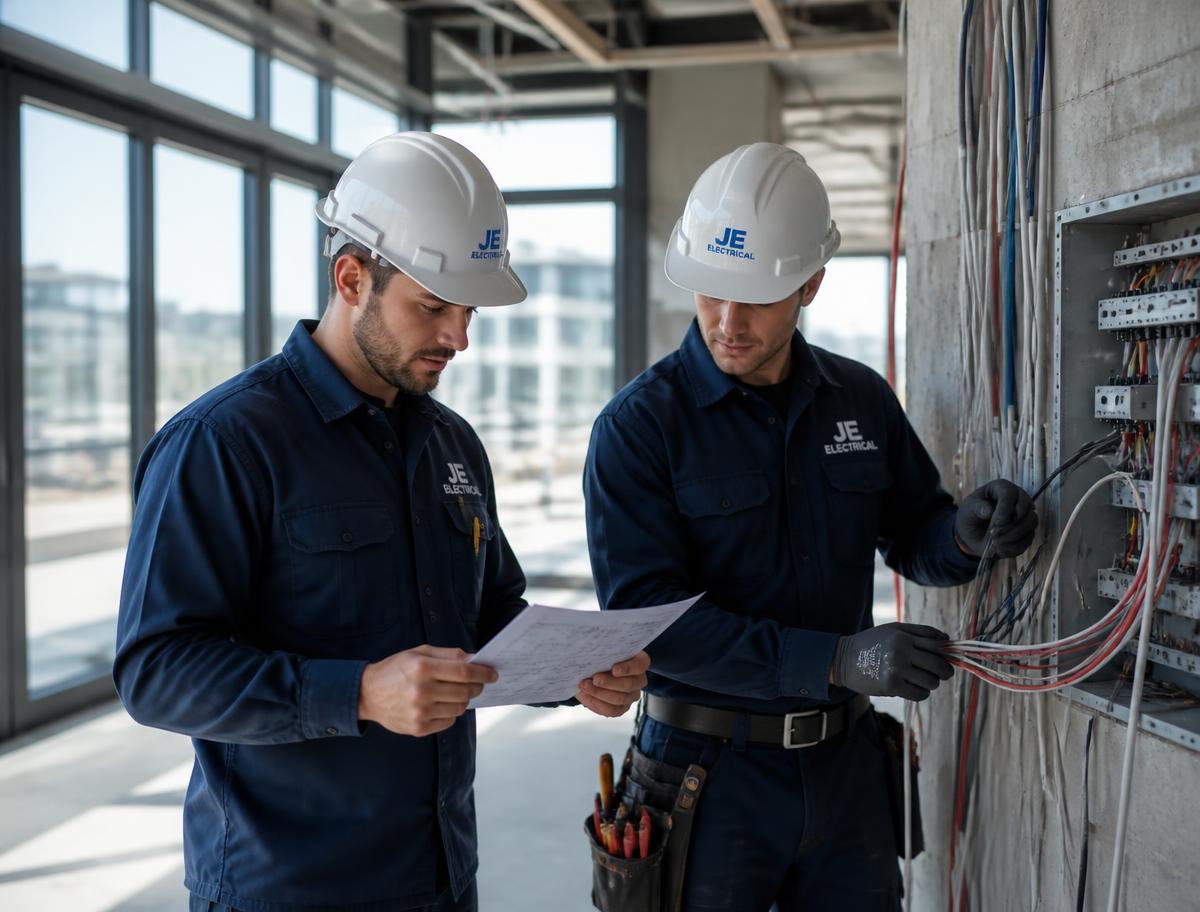 Two Luminate Electric electricians reviewing plans inside a commercial building