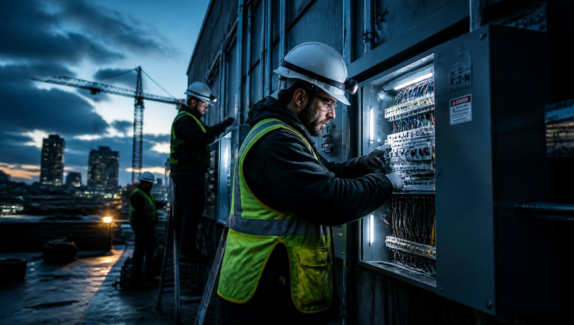 Licensed electricians installing a commercial electrical panel at dusk